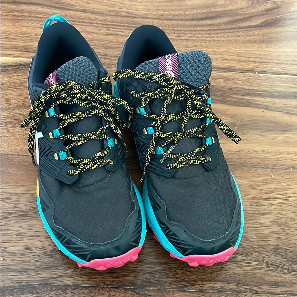 Asics Black and Blue Athletic Shoes with Rugged Design